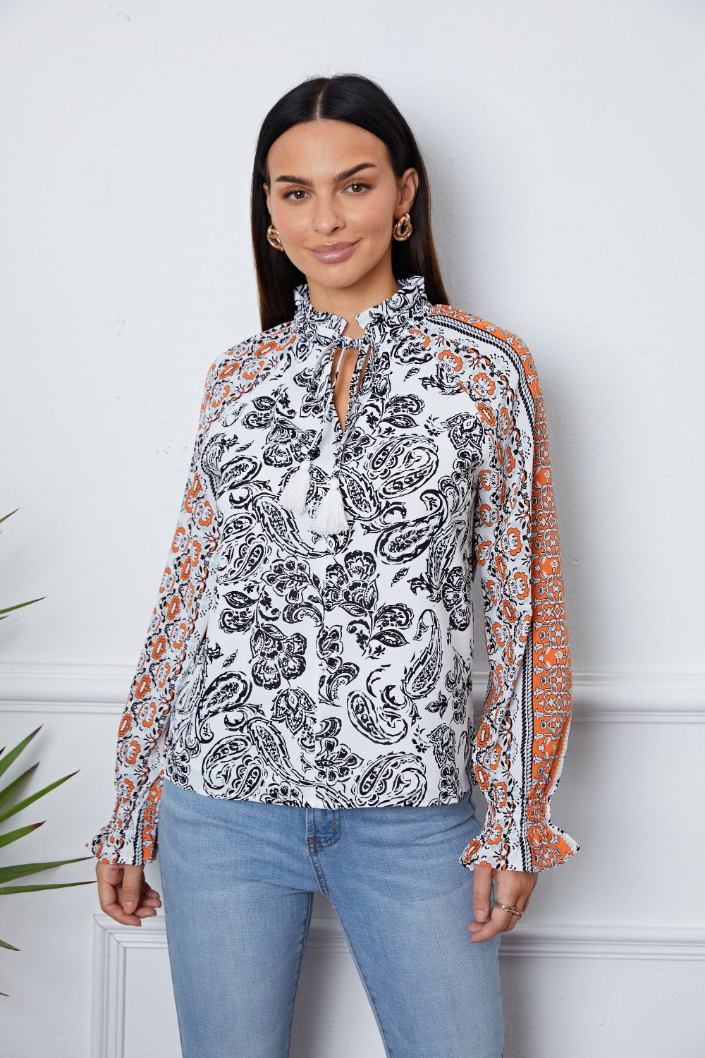 SORTYGO - Paisley Print Tied Blouse in White