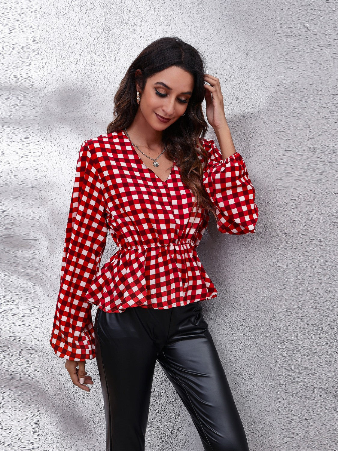 SORTYGO - Red Gingham Peplum Blouse in