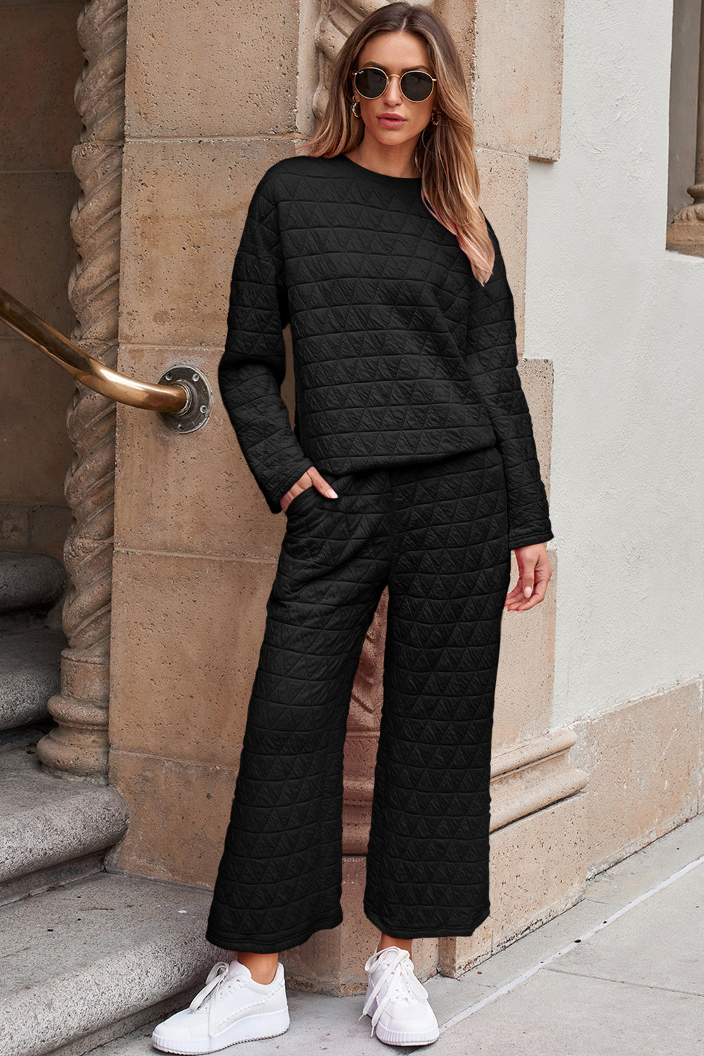 Quilted Pullover & Wide-Leg Pants Set