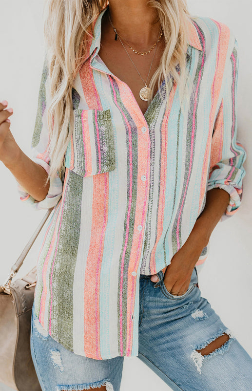 SORTYGO - Rainbow Stripes Button-Up Shirt in Pink green white stripes