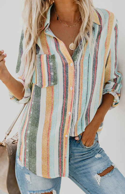 SORTYGO - Rainbow Stripes Button-Up Shirt in Yellow-green-white stripes