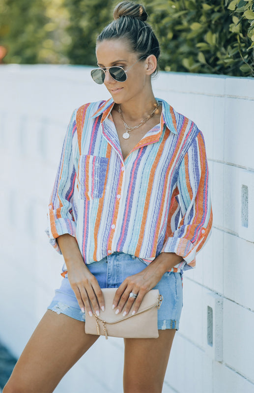 SORTYGO - Rainbow Stripes Button-Up Shirt in Orange white purple stripes