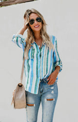 SORTYGO - Rainbow Stripes Button-Up Shirt in Sky blue stripes