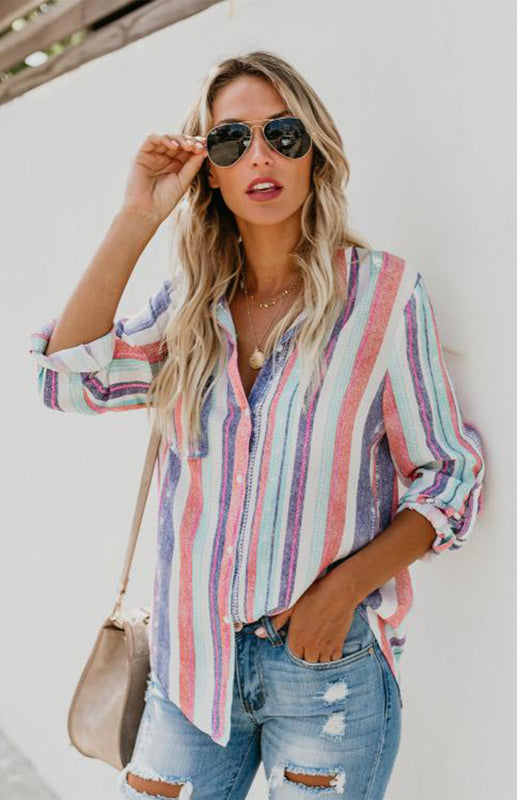 SORTYGO - Rainbow Stripes Button-Up Shirt in Pink, white and purple stripes