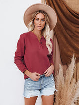 SORTYGO - Trendy V-Neck Long Sleeve Top in Red