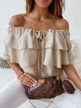 SORTYGO - Elegant Ruffle Boat Neck Blouse in Khaki