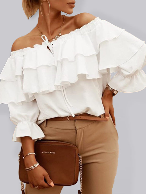 SORTYGO - Elegant Ruffle Boat Neck Blouse in White