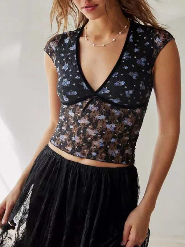 SORTYGO - Elegant Lace Bow Crop Top in Dark Blue