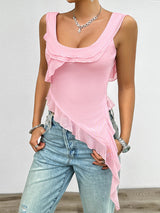 SORTYGO - Flirty Mesh Ruffle U-Neck Top in