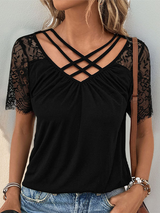 SORTYGO - Elegant Lace Stitching V-Neck Top in Black