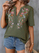 SORTYGO - Floral Embroidered Lace Stitching Top in Olive green