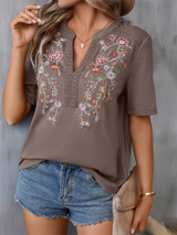 SORTYGO - Floral Embroidered Lace Stitching Top in Dark Brown