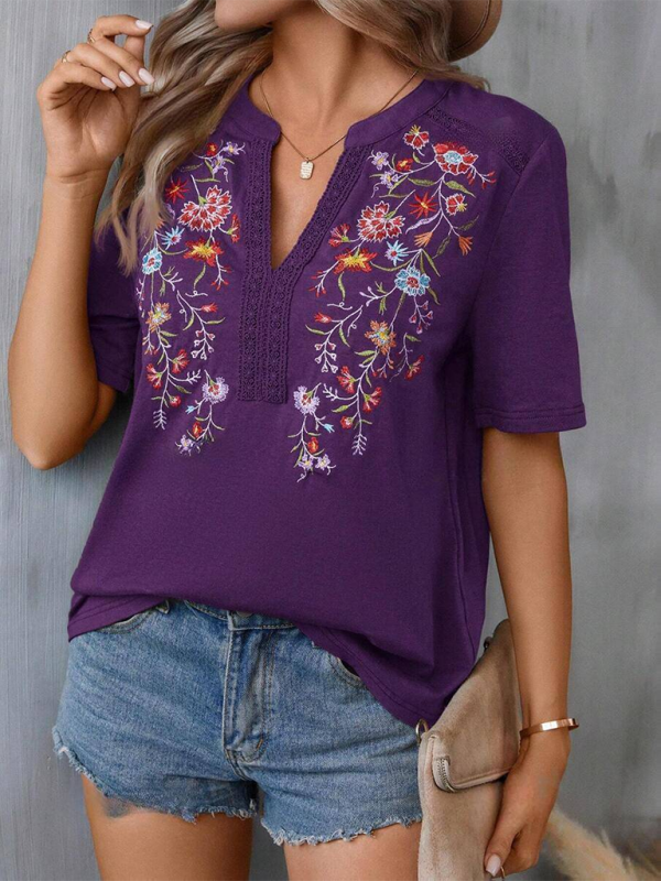 SORTYGO - Floral Embroidered Lace Stitching Top in Purple