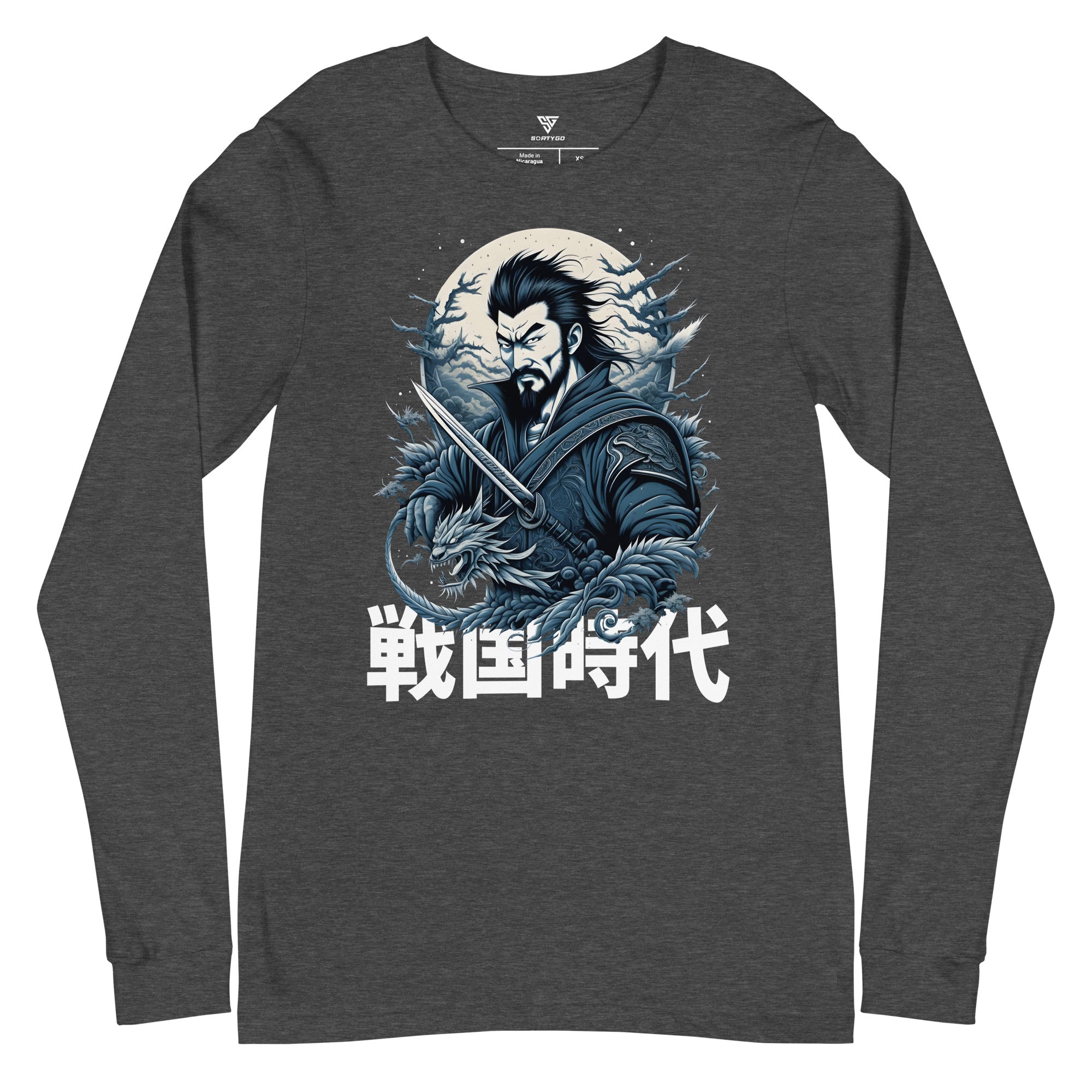 SORTYGO - Japanese Warrior Men Long Sleeve T-Shirt in Dark Grey Heather